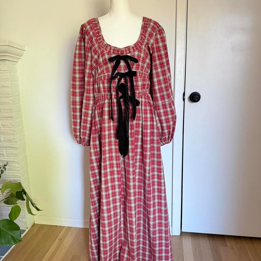 Damson Madder red and white plaid maxi dress with black velvet ribbon detail